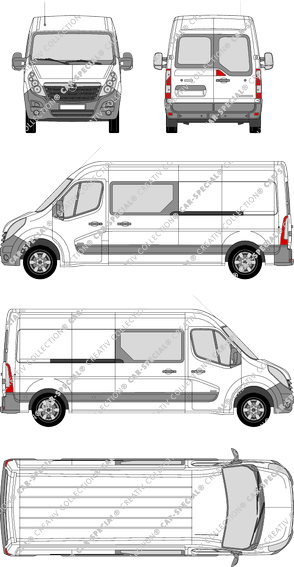 Opel Movano, FWD, furgón, L3H2, ventana de parte trasera, cabina doble, Rear Wing Doors, 2 Sliding Doors (2010)