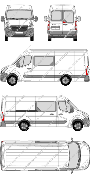 Opel Movano, RWD, furgón, L3H2, ventana de parte trasera, cabina doble, Rear Wing Doors, 1 Sliding Door (2010)