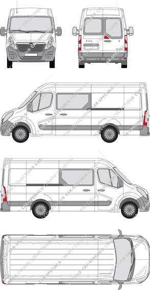 Opel Movano, RWD, furgón, L3H2, ventana de parte trasera, cabina doble, Rear Wing Doors, 2 Sliding Doors (2010)