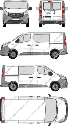 Opel Vivaro, furgón, L1H1, ventana de parte trasera, cabina doble, Rear Wing Doors, 2 Sliding Doors (2014)