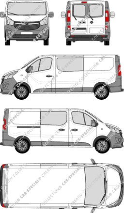Opel Vivaro, furgón, L2H1, ventana de parte trasera, cabina doble, Rear Wing Doors, 1 Sliding Door (2014)