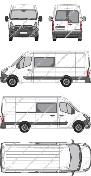 Opel Movano Cargo, RWD, furgón, L3H2, ventana de parte trasera, cabina doble, Rear Wing Doors, 1 Sliding Door (2019)