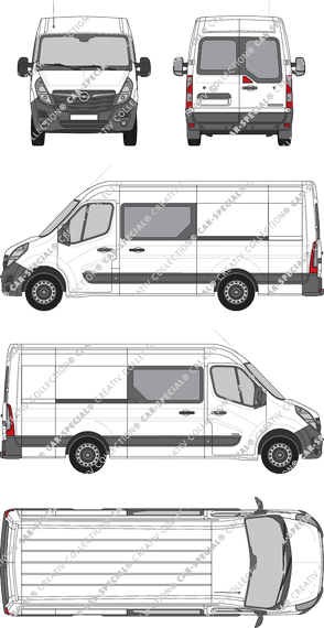 Opel Movano Cargo, RWD, furgón, L3H2, ventana de parte trasera, cabina doble, Rear Wing Doors, 2 Sliding Doors (2019)