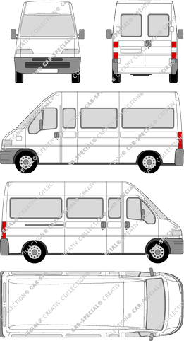 Peugeot Boxer 350 LH, 350 LH, microbús, tejado alto, paso de rueda largo, acristalado, Rear Wing Doors, 1 Sliding Door (1994)