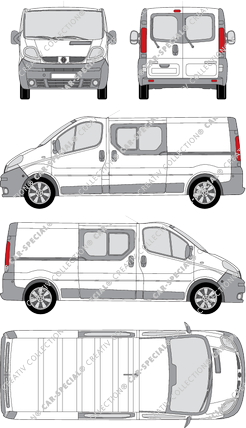 Renault Trafic, furgón, L2H1, ventana de parte trasera, cabina doble, Rear Wing Doors, 2 Sliding Doors (2001)
