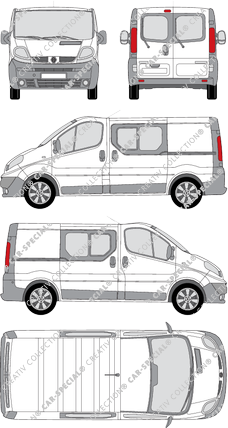 Renault Trafic, furgón, L1H1, ventana de parte trasera, cabina doble, Rear Wing Doors, 2 Sliding Doors (2008)