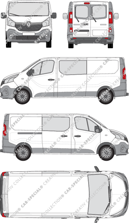 Renault Trafic, furgón, L2H1, ventana de parte trasera, cabina doble, Rear Wing Doors, 1 Sliding Door (2014)