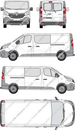 Renault Trafic, furgón, L2H1, ventana de parte trasera, cabina doble, Rear Wing Doors, 2 Sliding Doors (2014)