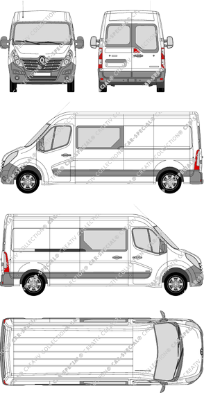 Renault Master, Heck verglast, FWD, furgón, L3H2, ventana de parte trasera, cabina doble, Rear Wing Doors, 1 Sliding Door (2014)