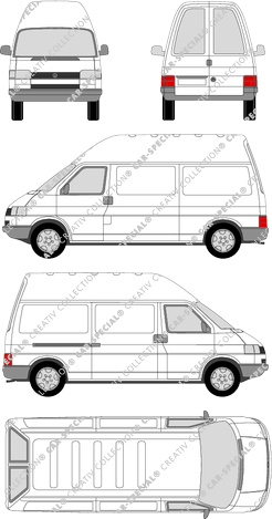 Volkswagen Transporter, T4, furgón, tejado alto, paso de rueda largo, ventana de parte trasera, Rear Wing Doors, 1 Sliding Door (1990)