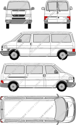Volkswagen Transporter Caravelle, T4, Caravelle, microbús, paso de rueda largo, Rear Wing Doors, 1 Sliding Door (1990)