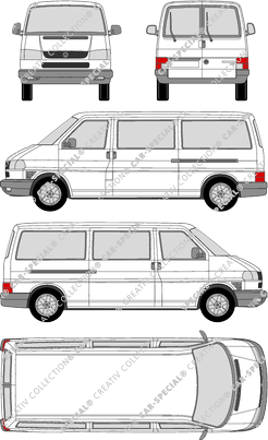 Volkswagen Transporter Caravelle, T4, Caravelle, microbús, paso de rueda largo, Rear Wing Doors, 2 Sliding Doors (1990)