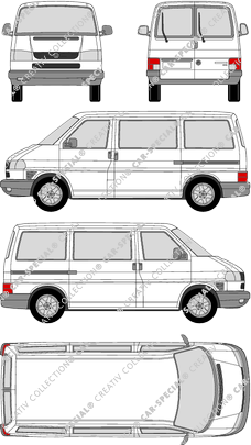 Volkswagen Transporter Caravelle, T4, Caravelle, microbús, paso de rueda corto, Rear Wing Doors, 2 Sliding Doors (1990)