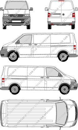 Volkswagen Transporter, T5, furgón, paso de rueda largo, Rear Wing Doors, 2 Sliding Doors (2003)