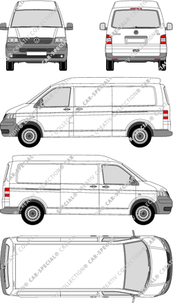 Volkswagen Transporter, T5, furgón, alto tejado media, paso de rueda largo, ventana de parte trasera, Rear Flap, 2 Sliding Doors (2003)