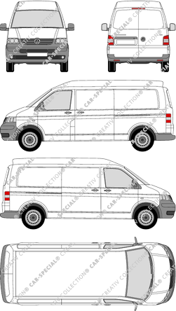 Volkswagen Transporter, T5, furgón, alto tejado media, paso de rueda largo, Rear Wing Doors, 2 Sliding Doors (2003)