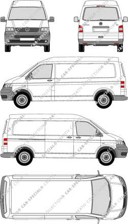 Volkswagen Transporter, T5, Kastenwagen, Mittelhochdach, Radstand lang, Heck verglast, Rear Flap, 1 Sliding Door (2003)