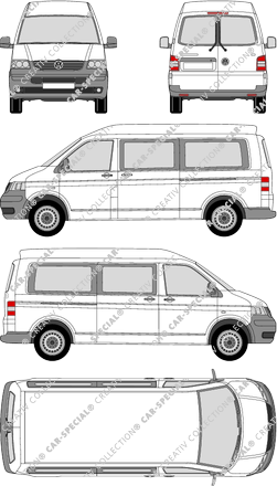 Volkswagen Transporter, T5, minibus, medium high roof, long wheelbase, Rear Wing Doors, 2 Sliding Doors (2003)