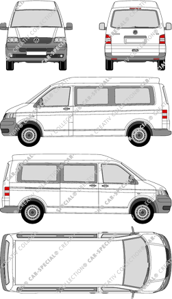 Volkswagen Transporter, T5, microbús, alto tejado media, paso de rueda largo, Rear Flap, 1 Sliding Door (2003)