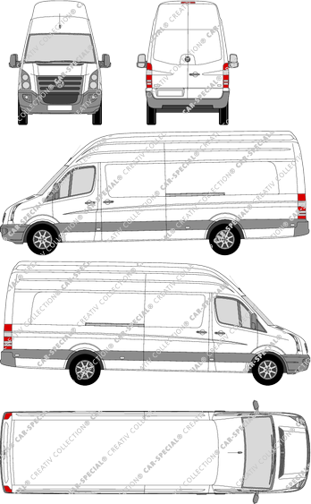Volkswagen Crafter, furgón, tejado alto, paso de rueda largo plus, Rear Wing Doors, 2 Sliding Doors (2006)