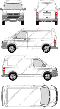 Volkswagen Transporter, T5, furgón, alto tejado media, Rear Flap, 2 Sliding Doors (2009)