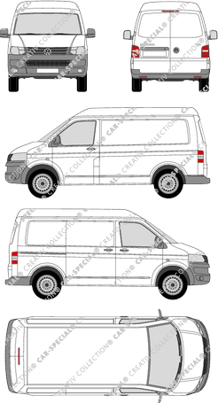 Volkswagen Transporter, T5, furgone, Mittelhochdach, Rear Wing Doors, 1 Sliding Door (2009)