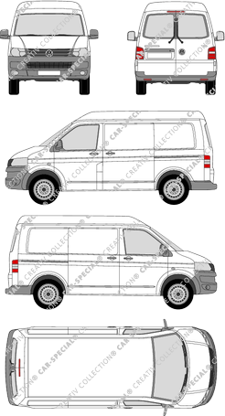 Volkswagen Transporter, T5, furgone, Mittelhochdach, vitre arrière, Rear Wing Doors, 2 Sliding Doors (2009)