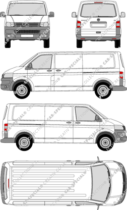 Volkswagen Transporter, T5, furgone, Normaldach, empattement long, vitre arrière, Rear Flap, 2 Sliding Doors (2009)
