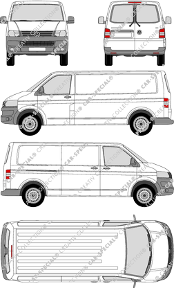 Volkswagen Transporter, T5, furgone, Normaldach, empattement long, vitre arrière, Rear Wing Doors, 1 Sliding Door (2009)