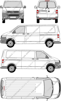 Volkswagen Transporter, T5, furgone, Normaldach, empattement long, vitre arrière, Rear Wing Doors, 2 Sliding Doors (2009)