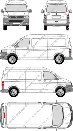 Volkswagen Transporter, T5, furgón, alto tejado media, paso de rueda largo, ventana de parte trasera, Rear Flap, 2 Sliding Doors (2009)