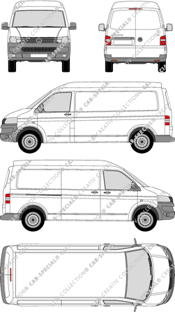 Volkswagen Transporter, T5, furgón, alto tejado media, paso de rueda largo, Rear Wing Doors, 1 Sliding Door (2009)