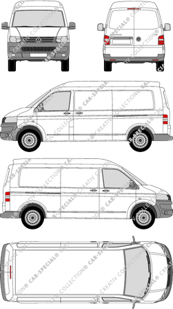 Volkswagen Transporter, T5, furgón, alto tejado media, paso de rueda largo, Rear Wing Doors, 2 Sliding Doors (2009)