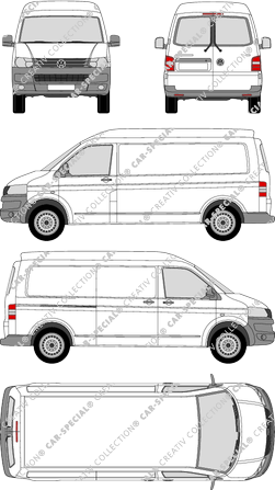 Volkswagen Transporter, T5, furgone, Mittelhochdach, empattement long, vitre arrière, Rear Wing Doors, 1 Sliding Door (2009)
