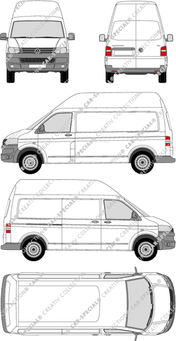 Volkswagen Transporter, T5, furgón, tejado alto, paso de rueda largo, Rear Wing Doors, 1 Sliding Door (2009)