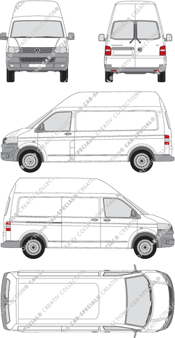 Volkswagen Transporter, T5, furgón, tejado alto, paso de rueda largo, ventana de parte trasera, Rear Wing Doors, 1 Sliding Door (2009)