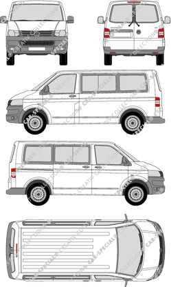 Volkswagen Transporter, T5, camionnette, toit normal, Rear Wing Doors, 1 Sliding Door (2009)