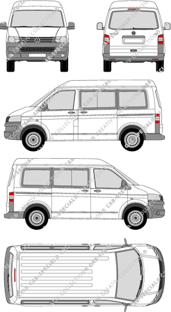 Volkswagen Transporter, T5, microbús, alto tejado media, Rear Flap, 2 Sliding Doors (2009)