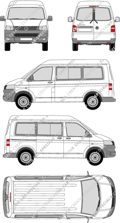 Volkswagen Transporter, T5, microbús, alto tejado media, Rear Wing Doors, 1 Sliding Door (2009)