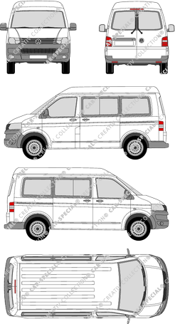 Volkswagen Transporter, T5, microbús, alto tejado media, Rear Wing Doors, 2 Sliding Doors (2009)