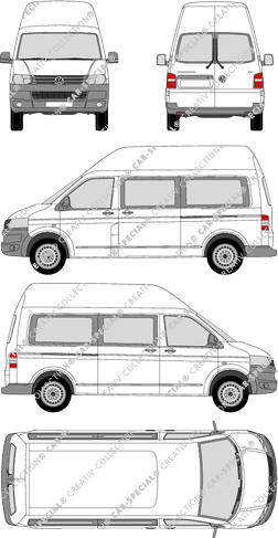 Volkswagen Transporter, T5, Kleinbus, tetto alto, empattement long, Rear Wing Doors, 2 Sliding Doors (2009)