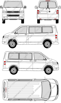 Volkswagen Transporter Caravelle, T5, Caravelle, microbús, Rear Wing Doors, 1 Sliding Door (2009)