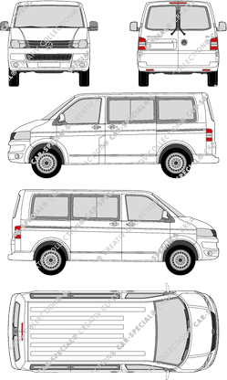 Volkswagen Transporter Caravelle, T5, Caravelle, camionnette, Rear Wing Doors, 2 Sliding Doors (2009)