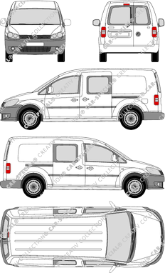 Volkswagen Caddy, Maxi, furgón, ventana de parte trasera, cabina doble, Rear Wing Doors, 2 Sliding Doors (2010)