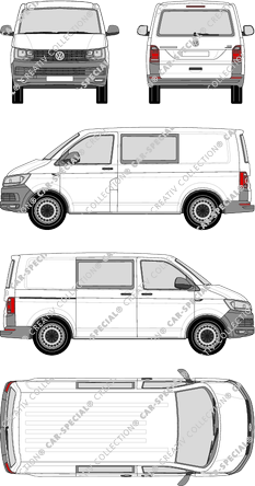 Volkswagen Transporter, T6, van/transporter, normal roof, short wheelbase, rear window, double cab, Rear Flap, 1 Sliding Door (2015)