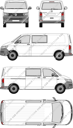 Volkswagen Transporter, T6, furgone, Normaldach, empattement long, vitre arrière, Doppelkabine, Rear Flap, 1 Sliding Door (2015)