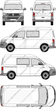 Volkswagen Transporter, T6, fourgon, toit intermédiaire, kurzer Radstand, Heck verglast, double cabine, Rear Flap, 1 Sliding Door (2015)