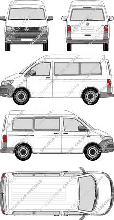 Volkswagen Transporter, T6, microbús, alto tejado media, paso de rueda corto, Rear Flap, 1 Sliding Door (2015)