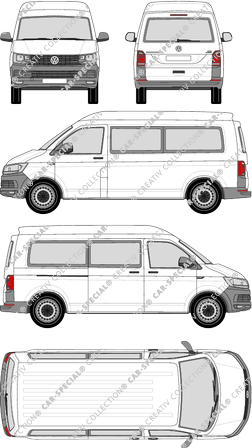 Volkswagen Transporter, T6, microbús, alto tejado media, paso de rueda largo, Rear Flap, 1 Sliding Door (2015)