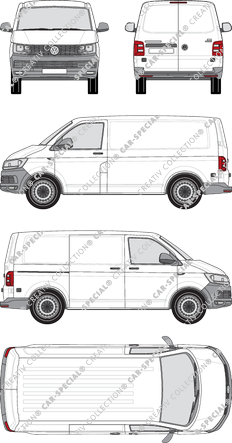 Volkswagen Transporter, T6, furgón, tejado normal, paso de rueda corto, Rear Wing Doors, 1 Sliding Door (2015)
